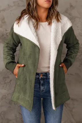 Green Faux Suede Sherpa Lined Open Front Jacket