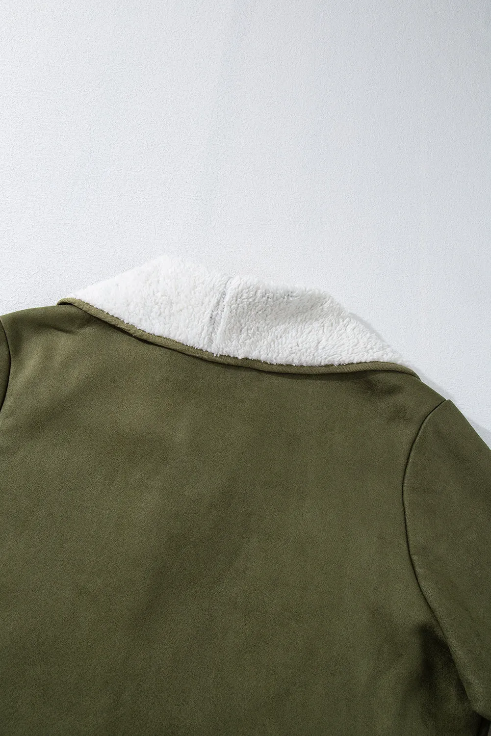 Green Faux Suede Sherpa Lined Open Front Jacket