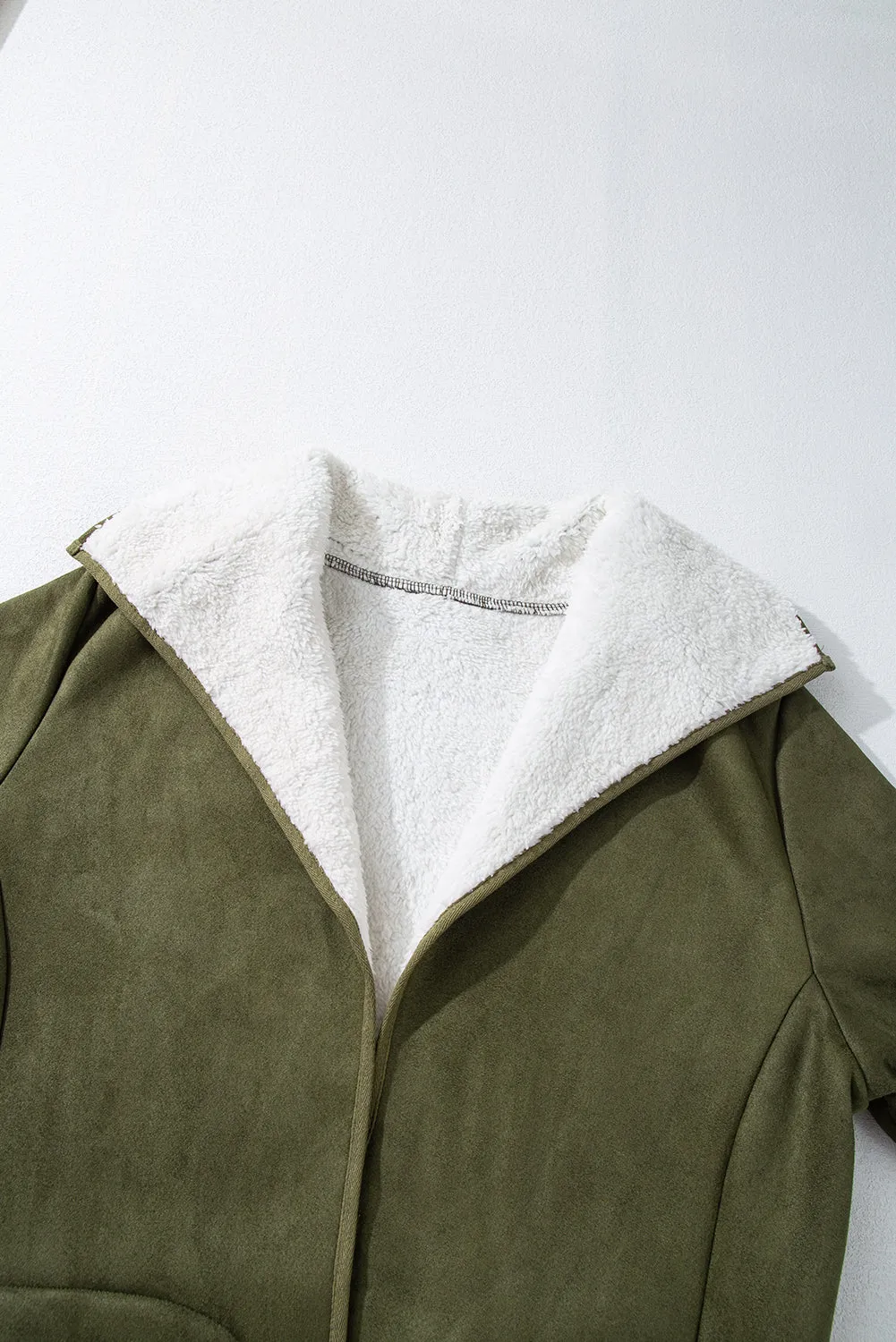 Green Faux Suede Sherpa Lined Open Front Jacket
