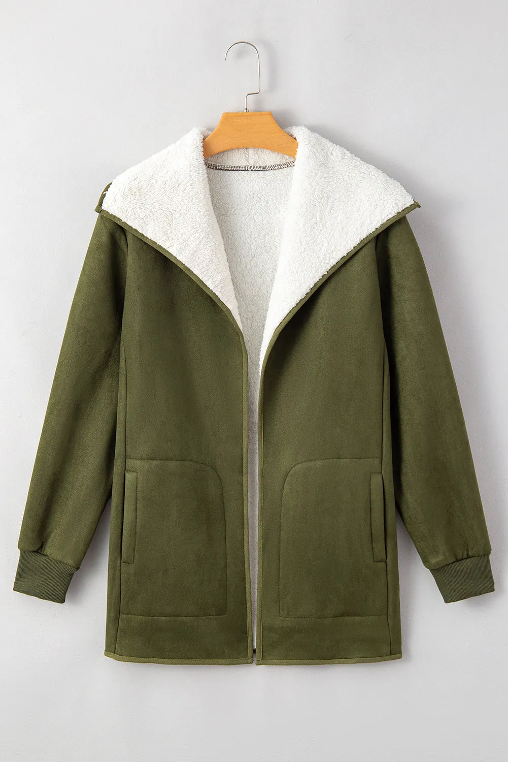 Green Faux Suede Sherpa Lined Open Front Jacket