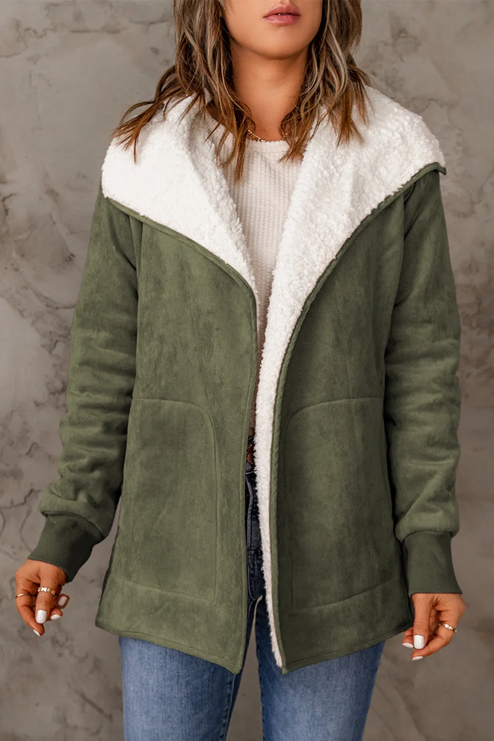 Green Faux Suede Sherpa Lined Open Front Jacket