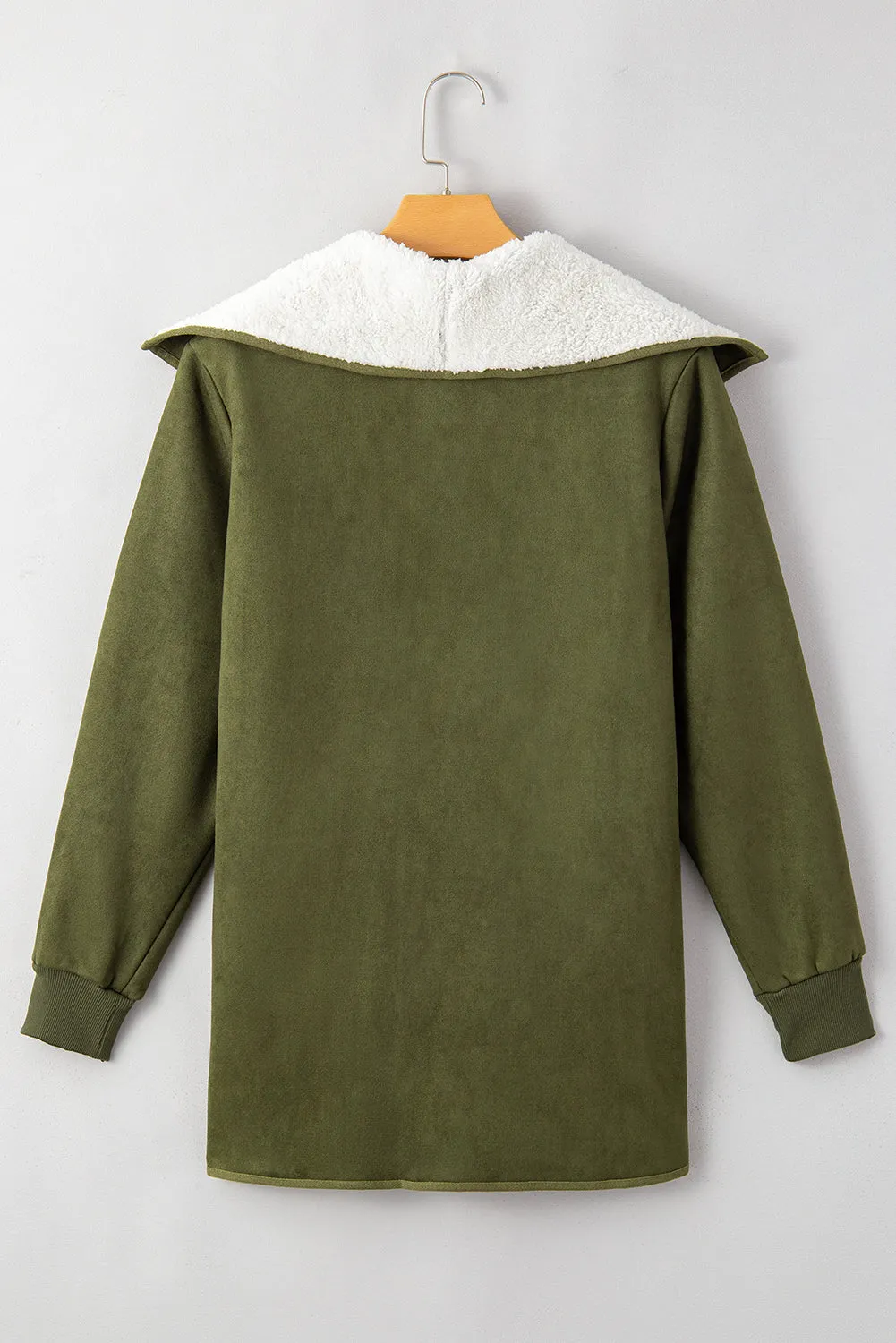 Green Faux Suede Sherpa Lined Open Front Jacket