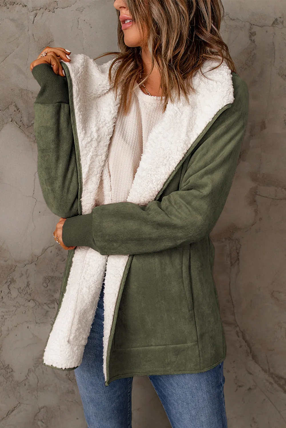 Green Faux Suede Sherpa Lined Open Front Jacket