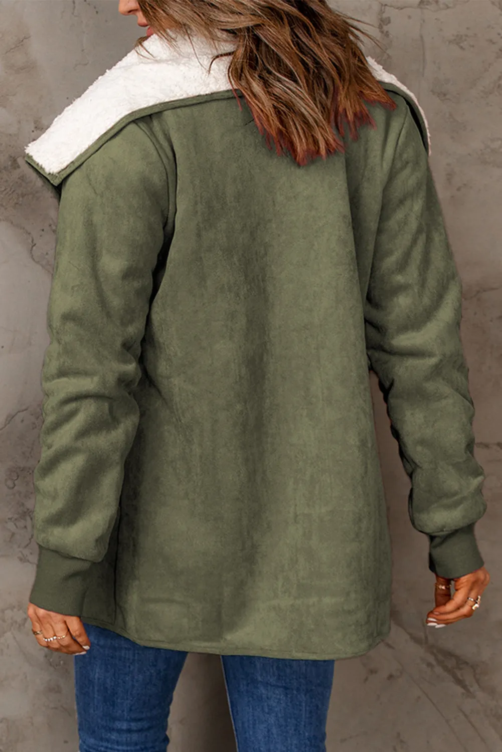 Green Faux Suede Sherpa Lined Open Front Jacket