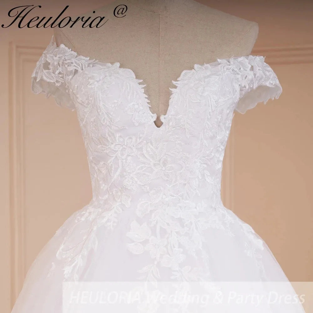 HEULORIA princess ball gown wedding dress off shoulder shinny skirt lace applique plus size white bride dress customize