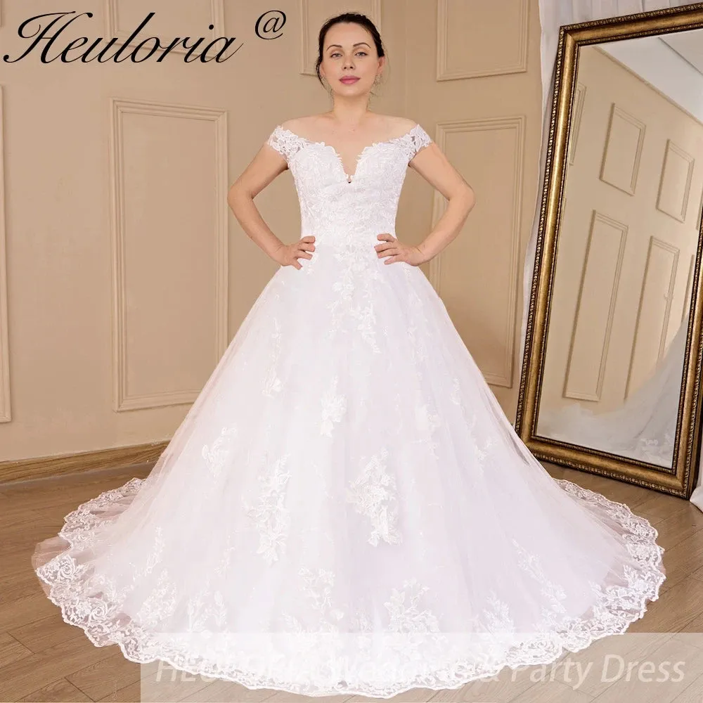 HEULORIA princess ball gown wedding dress off shoulder shinny skirt lace applique plus size white bride dress customize