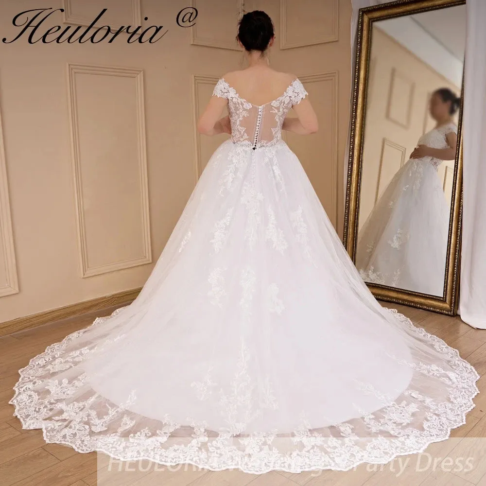 HEULORIA princess ball gown wedding dress off shoulder shinny skirt lace applique plus size white bride dress customize