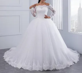 Lace Wedding Dress Long Sleeves Off Shoulder Tulle Puffy Bridal Gowns