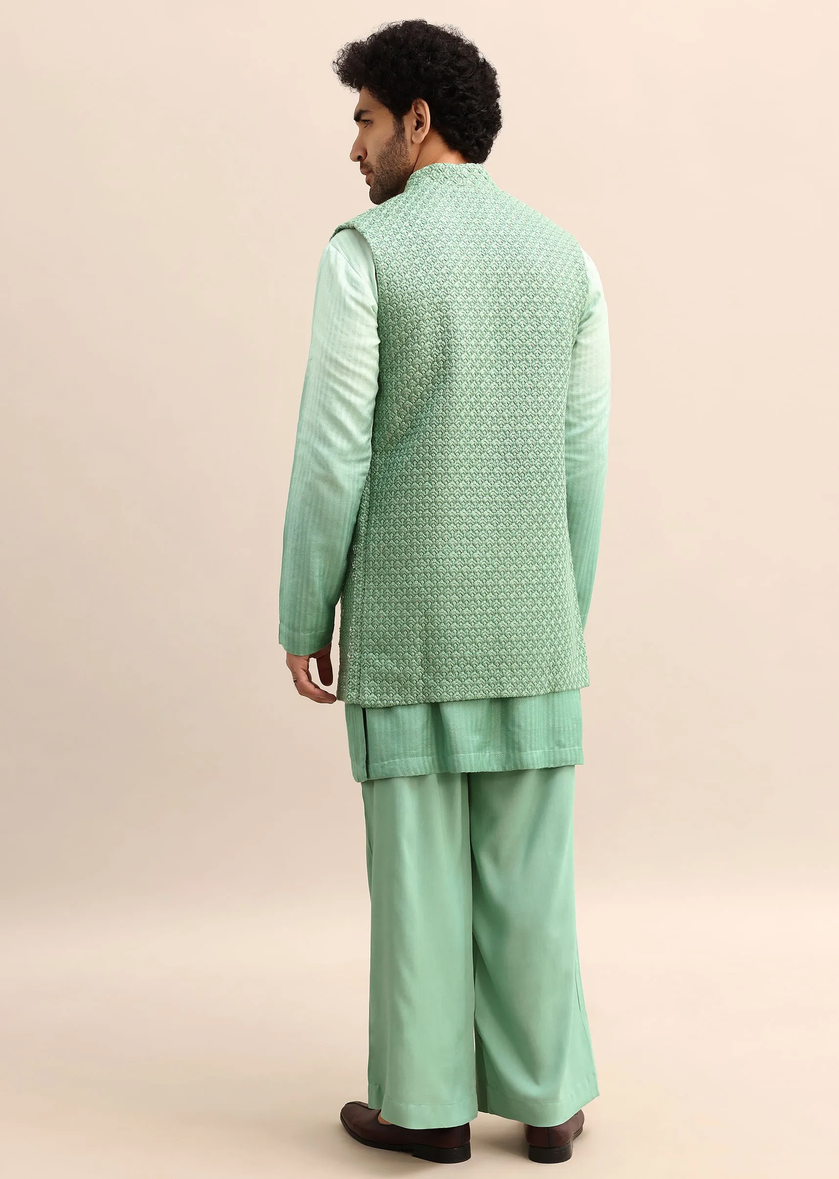 Light Green Hand Embroidered Silk Kurta Jacket Set