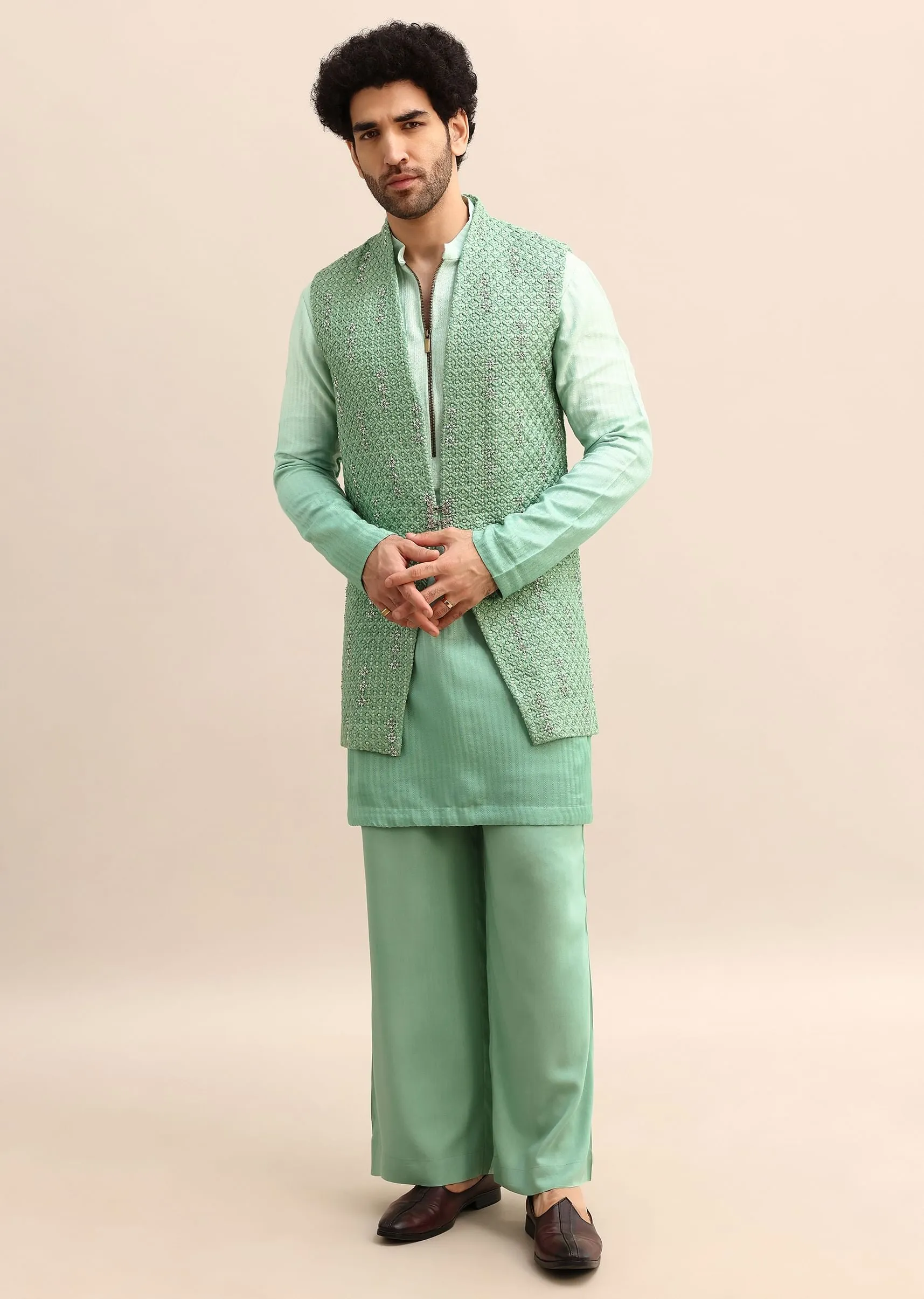 Light Green Hand Embroidered Silk Kurta Jacket Set