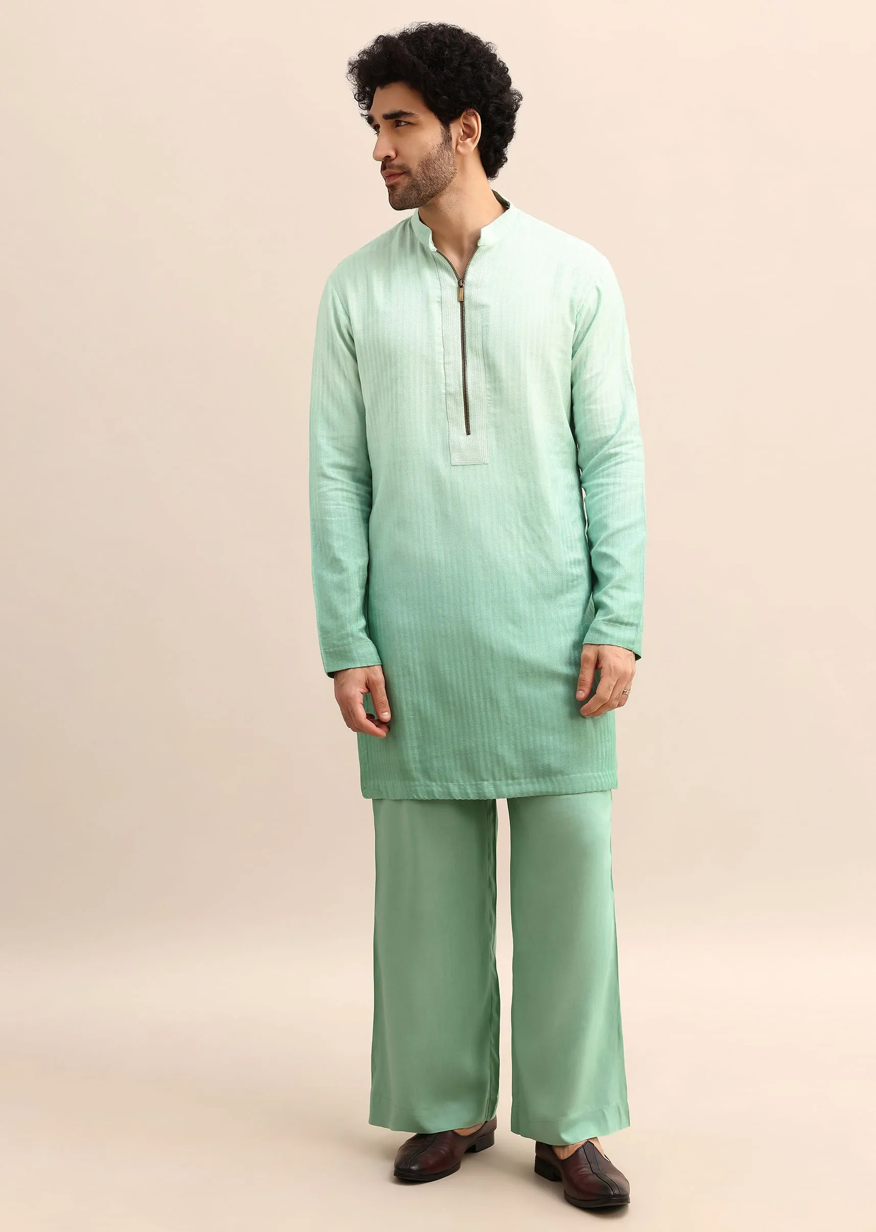 Light Green Hand Embroidered Silk Kurta Jacket Set