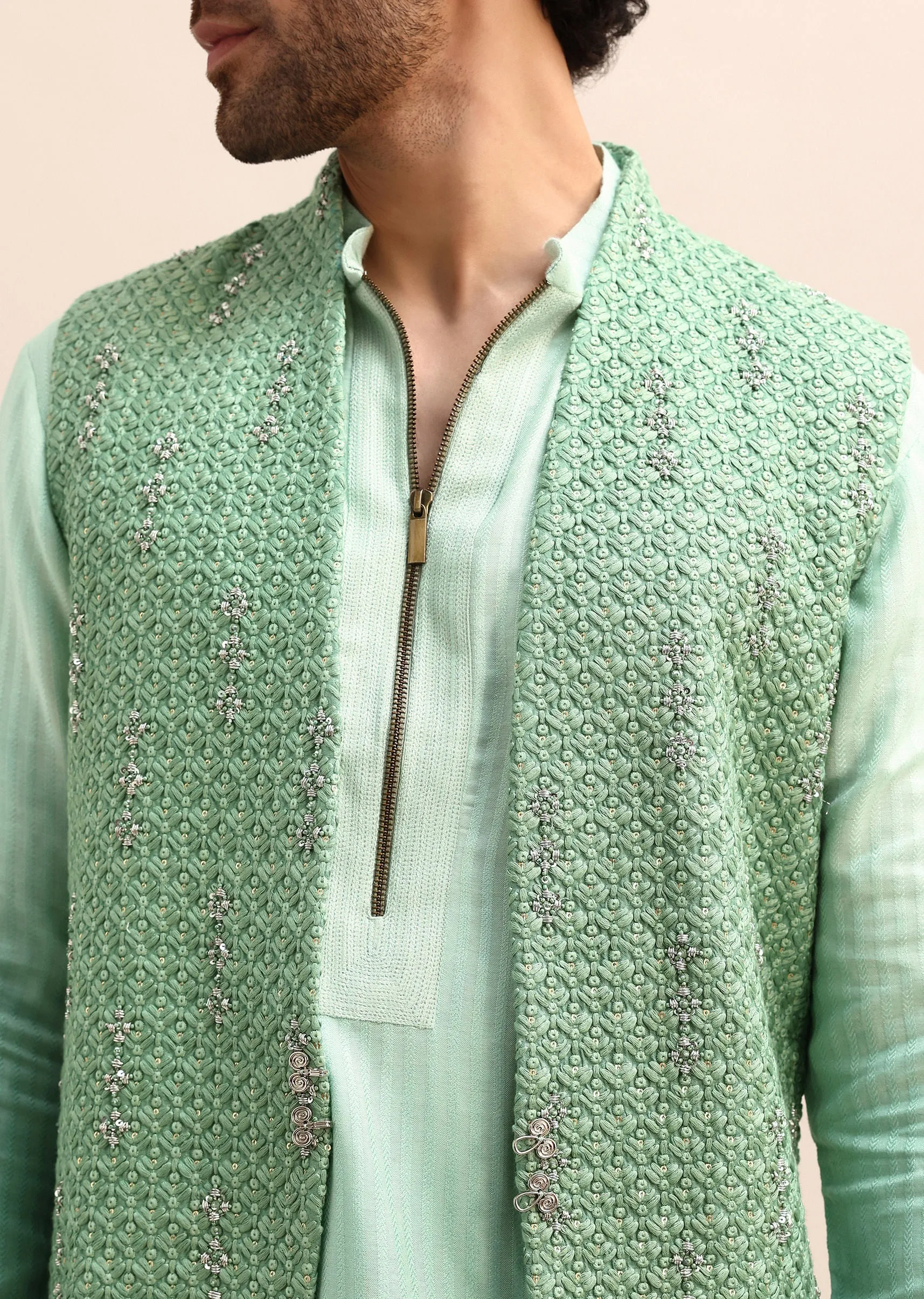 Light Green Hand Embroidered Silk Kurta Jacket Set