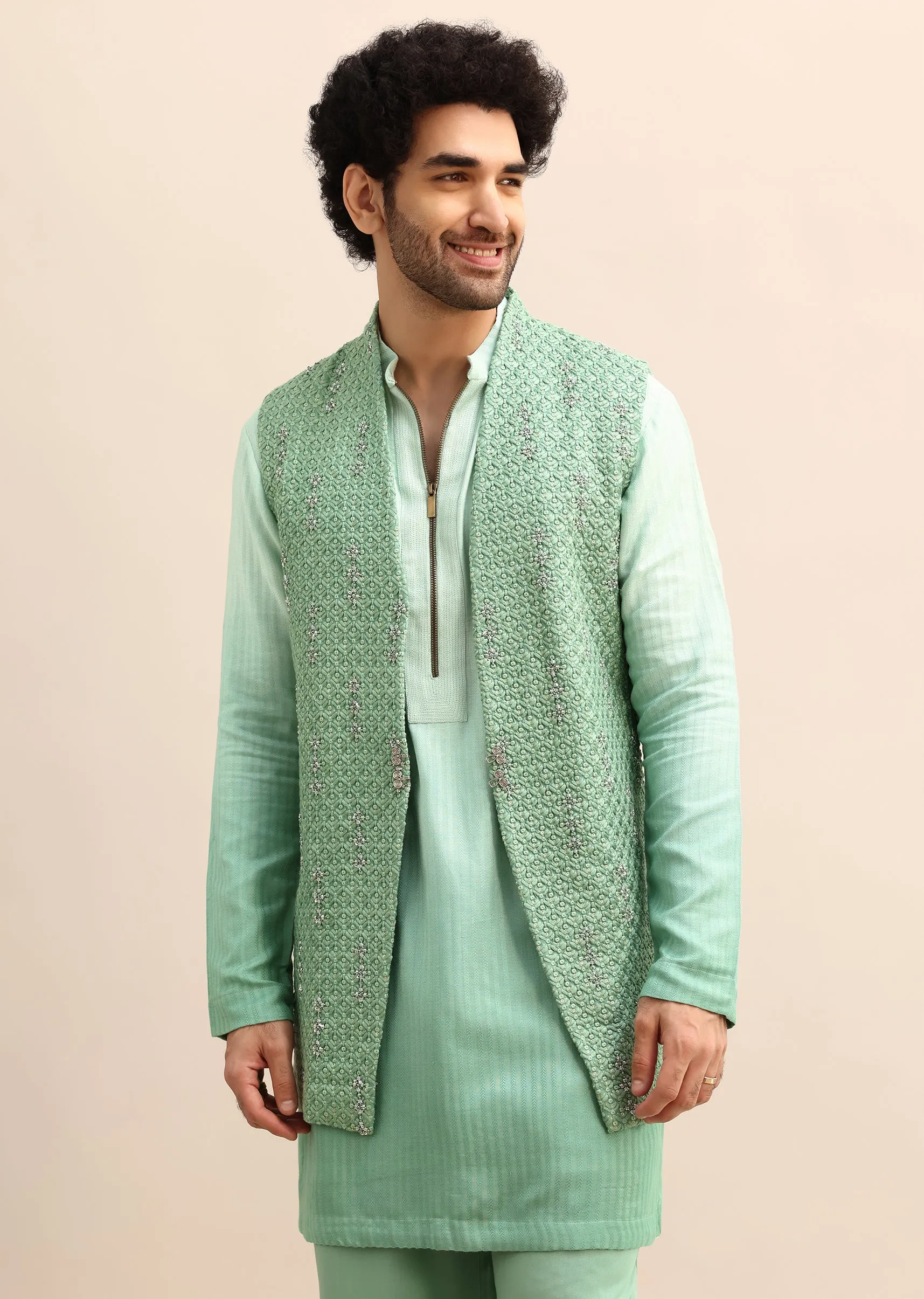 Light Green Hand Embroidered Silk Kurta Jacket Set