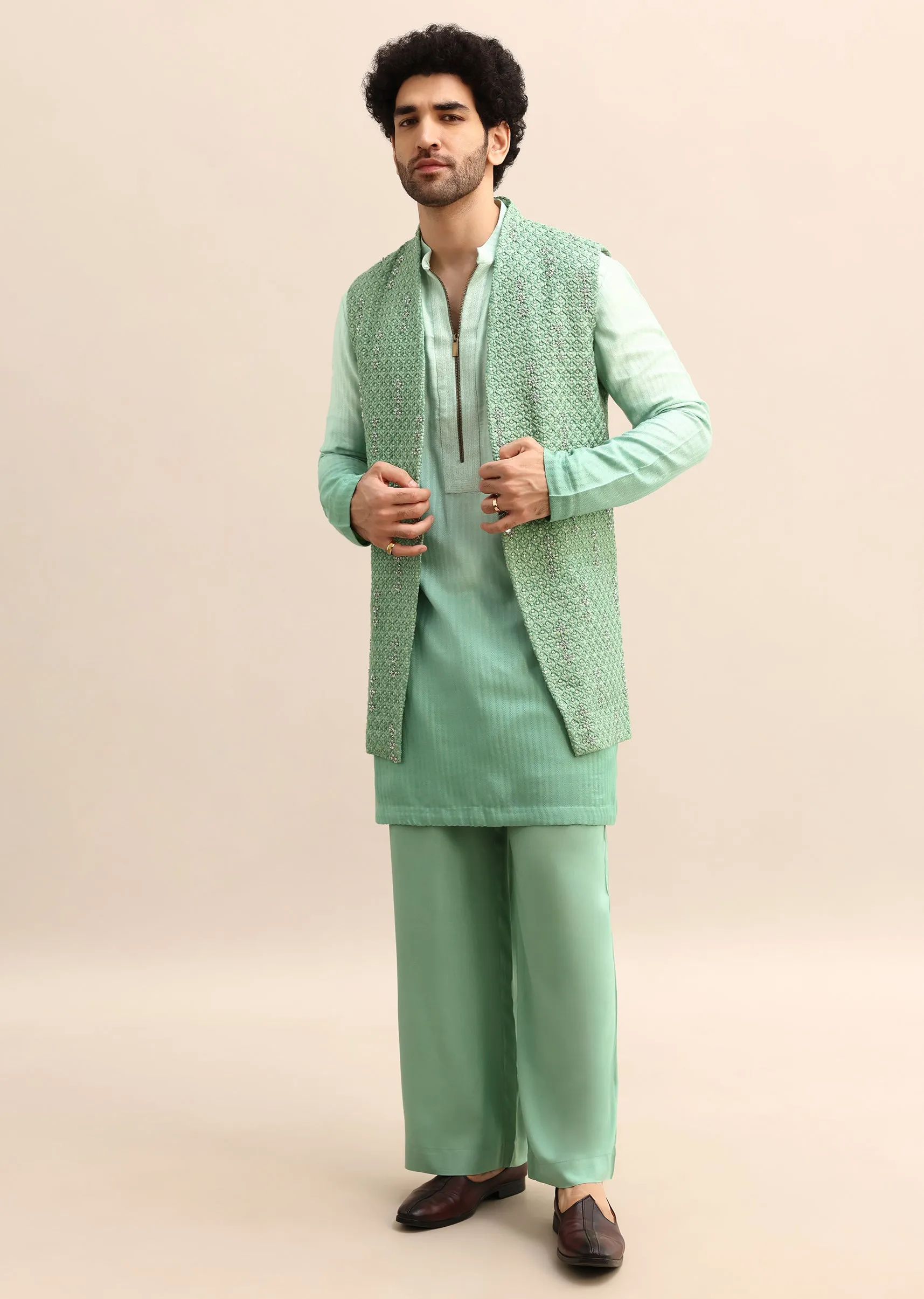Light Green Hand Embroidered Silk Kurta Jacket Set