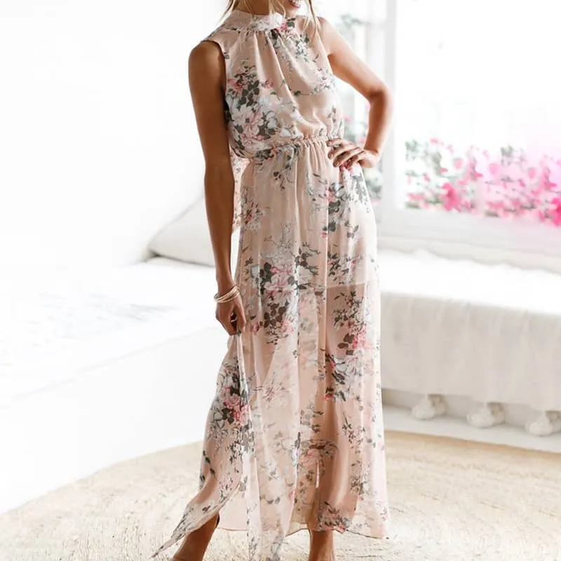 Long printed sleeveless dress with slits