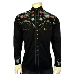 Men’s Agave Cactus Black Floral Embroidery Western Shirt