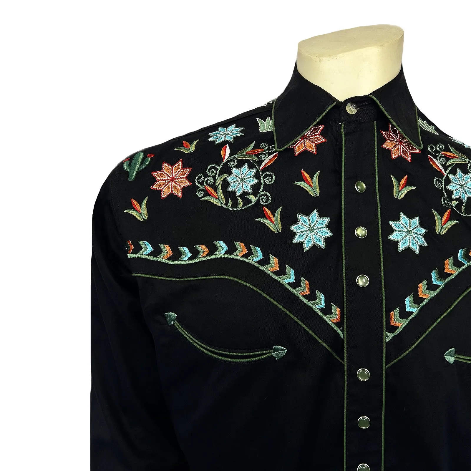 Men’s Agave Cactus Black Floral Embroidery Western Shirt