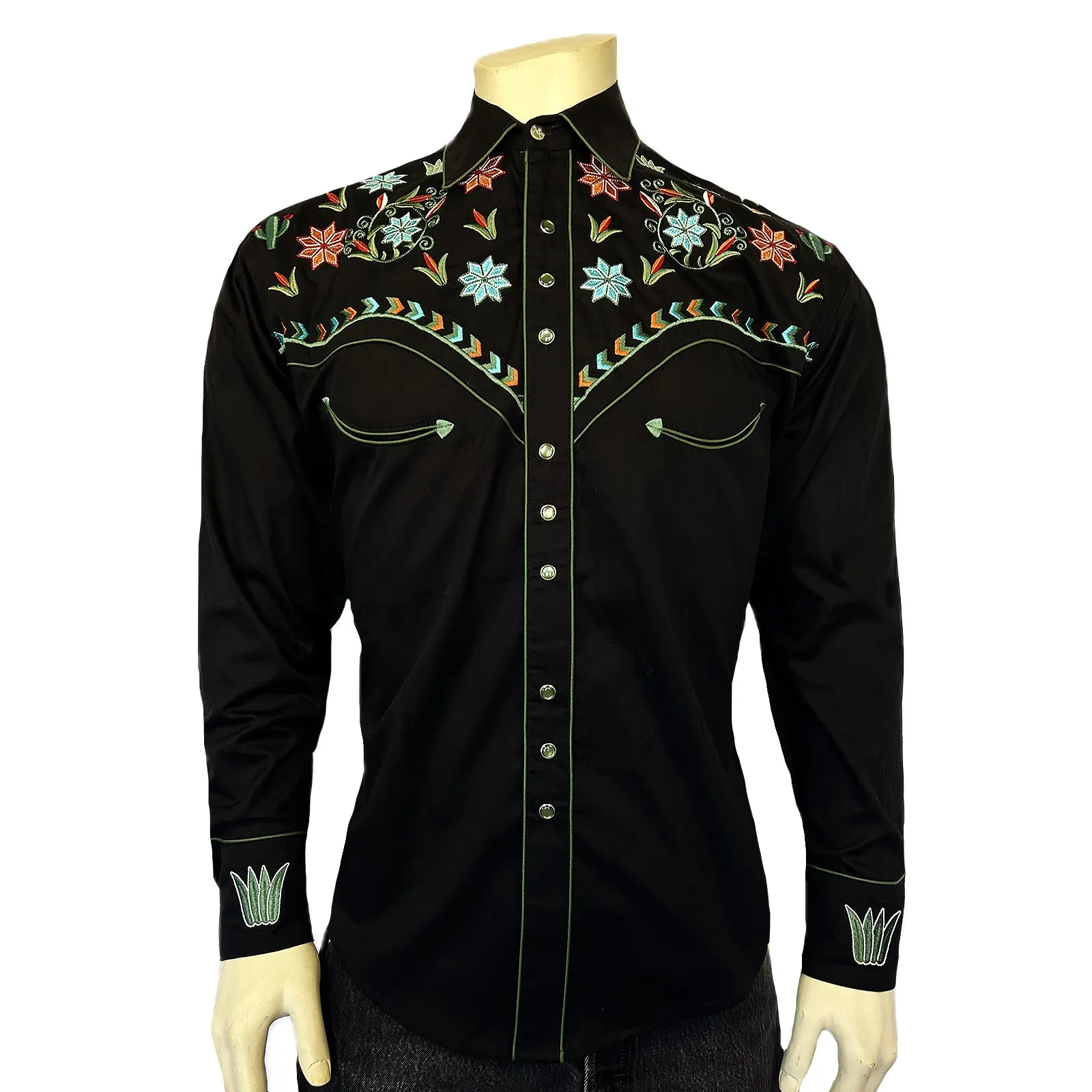Men’s Agave Cactus Black Floral Embroidery Western Shirt