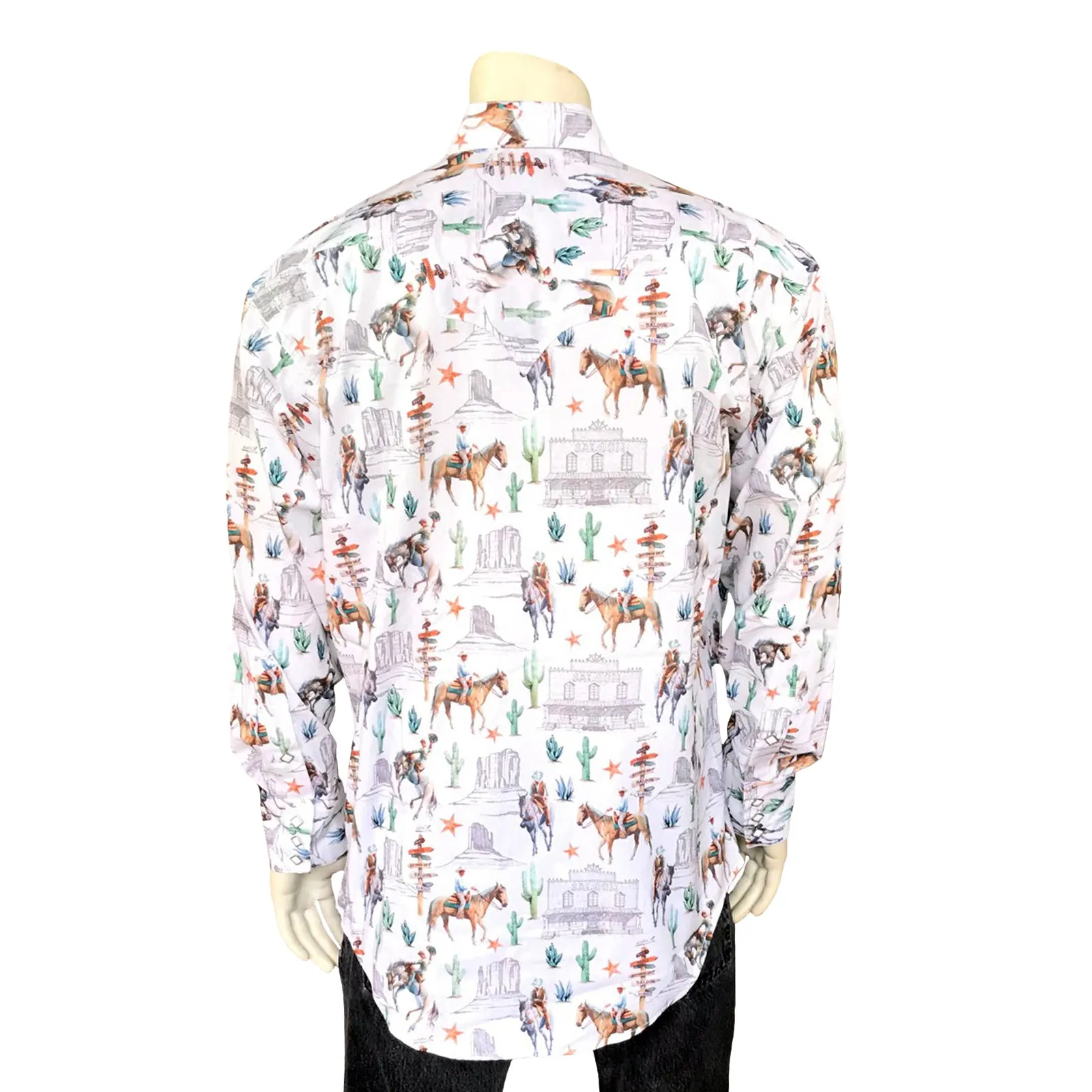 Men’s White Cactus & Cowboys Print Long Sleeve Western Shirt