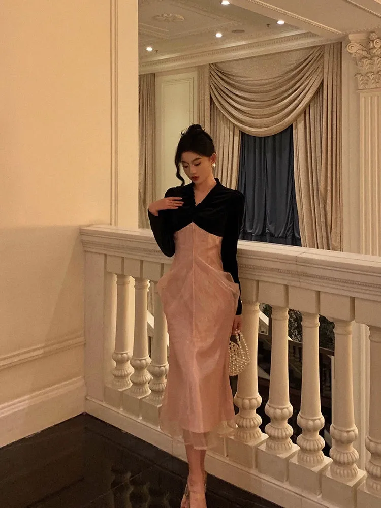Mesh splicing velvet dress for women new style party dress     S5588