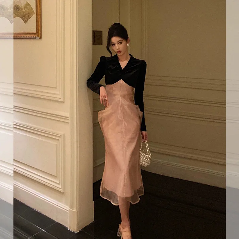 Mesh splicing velvet dress for women new style party dress     S5588