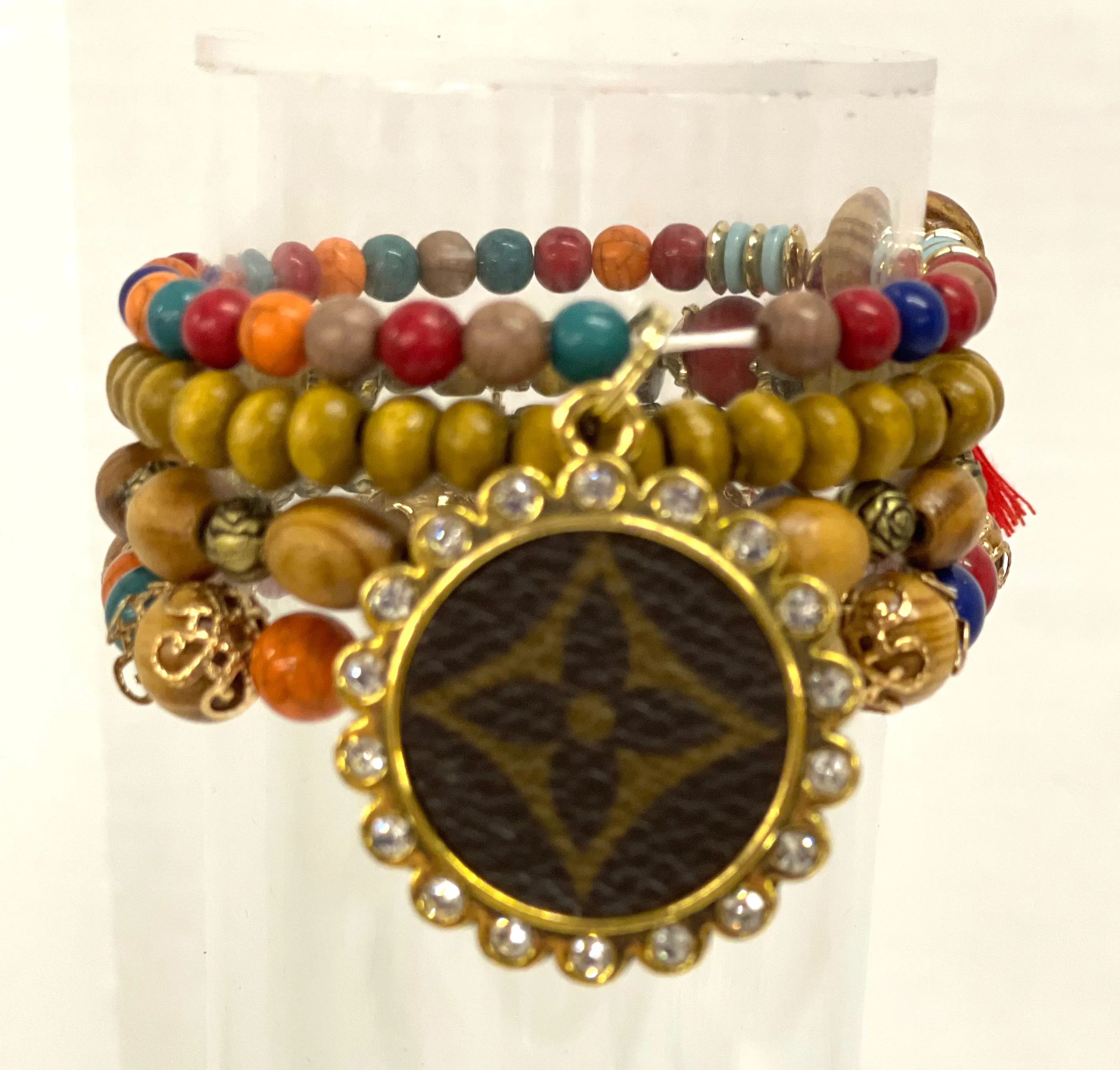 Multi colored wooden beads Stacked Bracelet set- gold circle