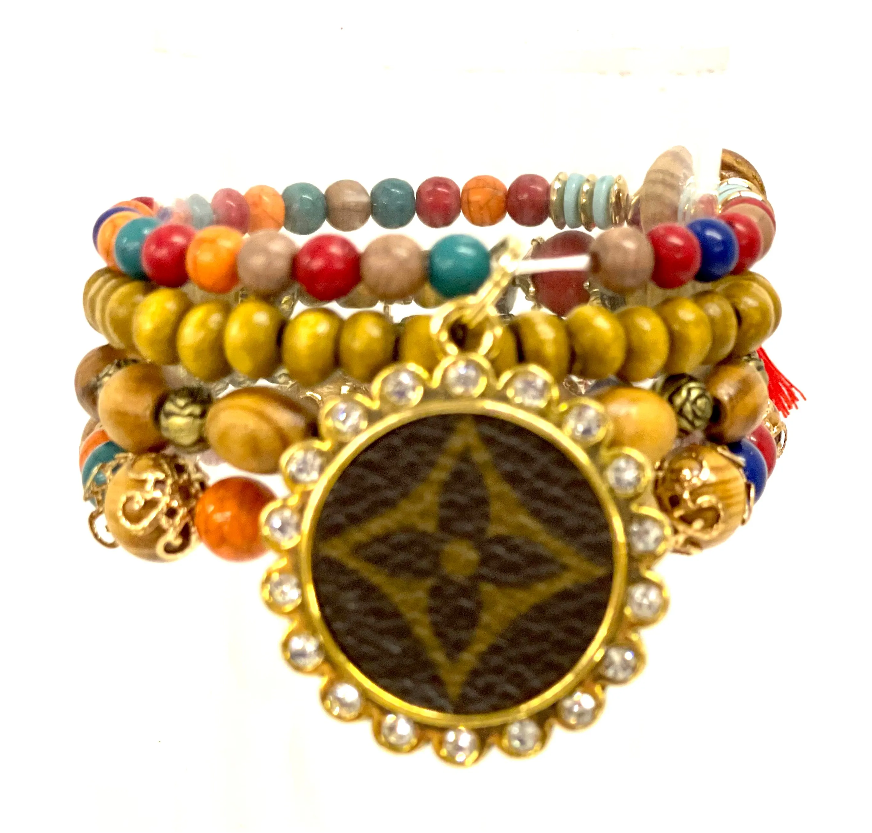 Multi colored wooden beads Stacked Bracelet set- gold circle