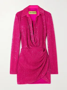 Naha wrap-effect sequined tulle mini shirt dress