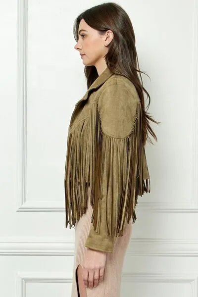 ONLINE EXCLUSIVE Veveret Suede Fringe Long Sleeve Moto Jacket