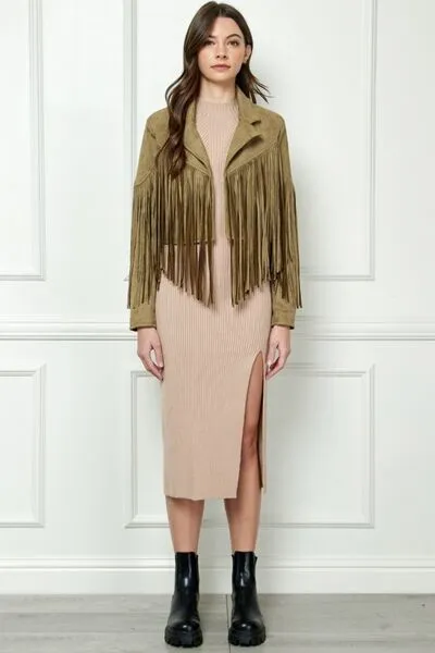 ONLINE EXCLUSIVE Veveret Suede Fringe Long Sleeve Moto Jacket