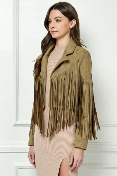 ONLINE EXCLUSIVE Veveret Suede Fringe Long Sleeve Moto Jacket