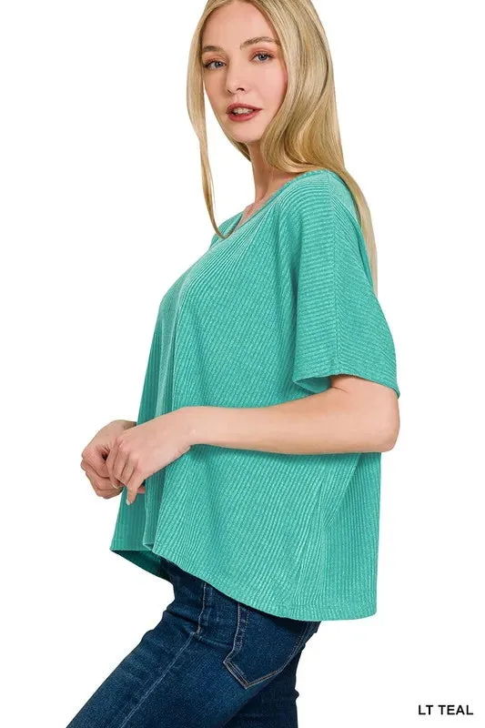ONLINE EXCLUSIVE Zenana Ribbed V-Neck Short-Sleeve Knit Top