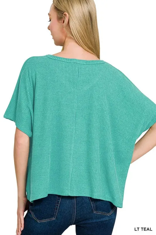 ONLINE EXCLUSIVE Zenana Ribbed V-Neck Short-Sleeve Knit Top