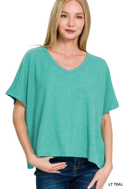 ONLINE EXCLUSIVE Zenana Ribbed V-Neck Short-Sleeve Knit Top