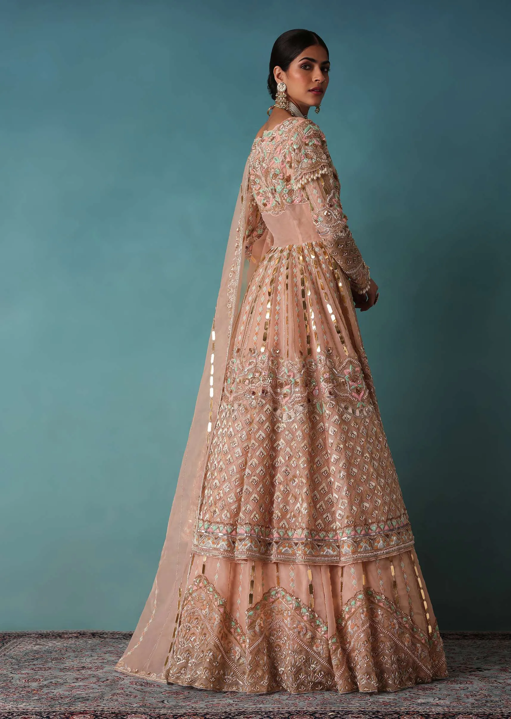 Peach Bridal Lehenga Set In Organza With Jacket