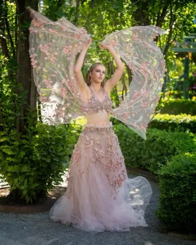 "TUSCANY" Blush & Gold 3D Floral Lace & Tulle Lehenga Wedding Babydoll Ballgown Set
