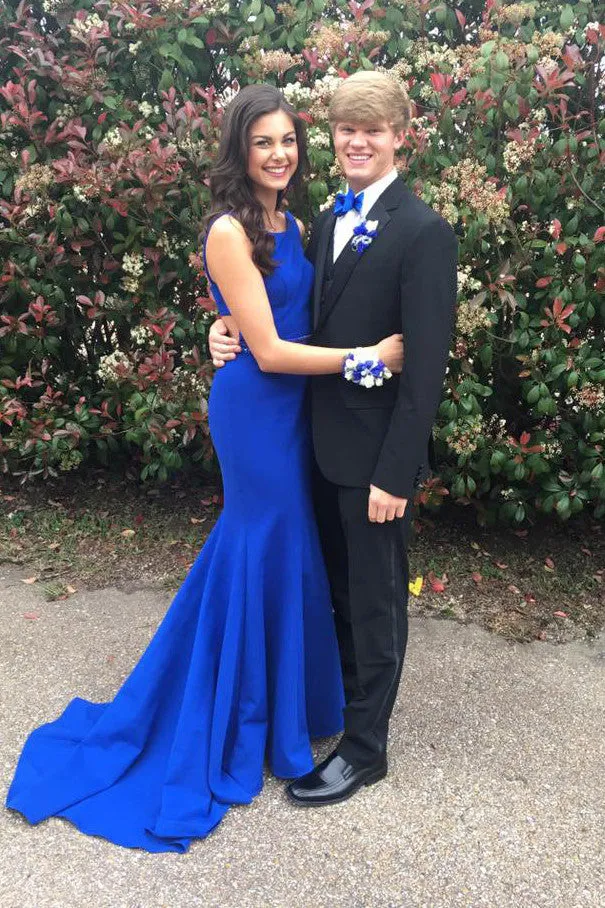 Royal Blue Mermaid Prom Dress  Open Back Sweep Train Prom Dress with Beading,SVD317