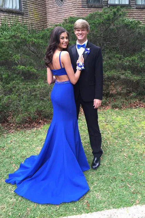Royal Blue Mermaid Prom Dress  Open Back Sweep Train Prom Dress with Beading,SVD317