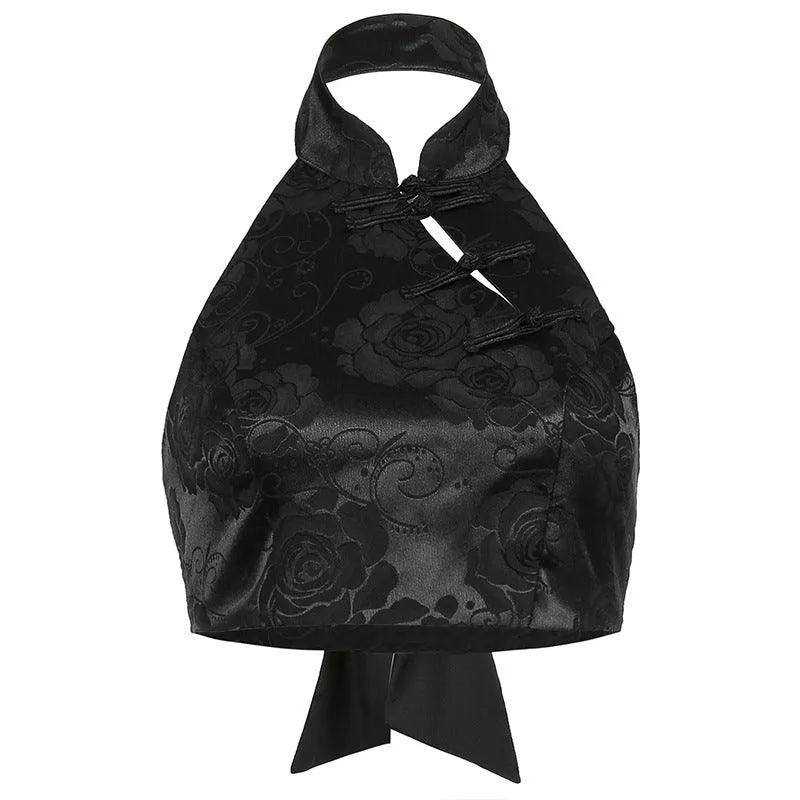 Satin Floral Jacquard Mandarin Collar Crop Top