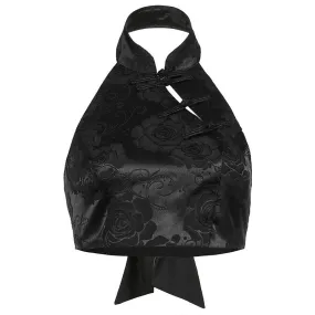 Satin Floral Jacquard Mandarin Collar Crop Top