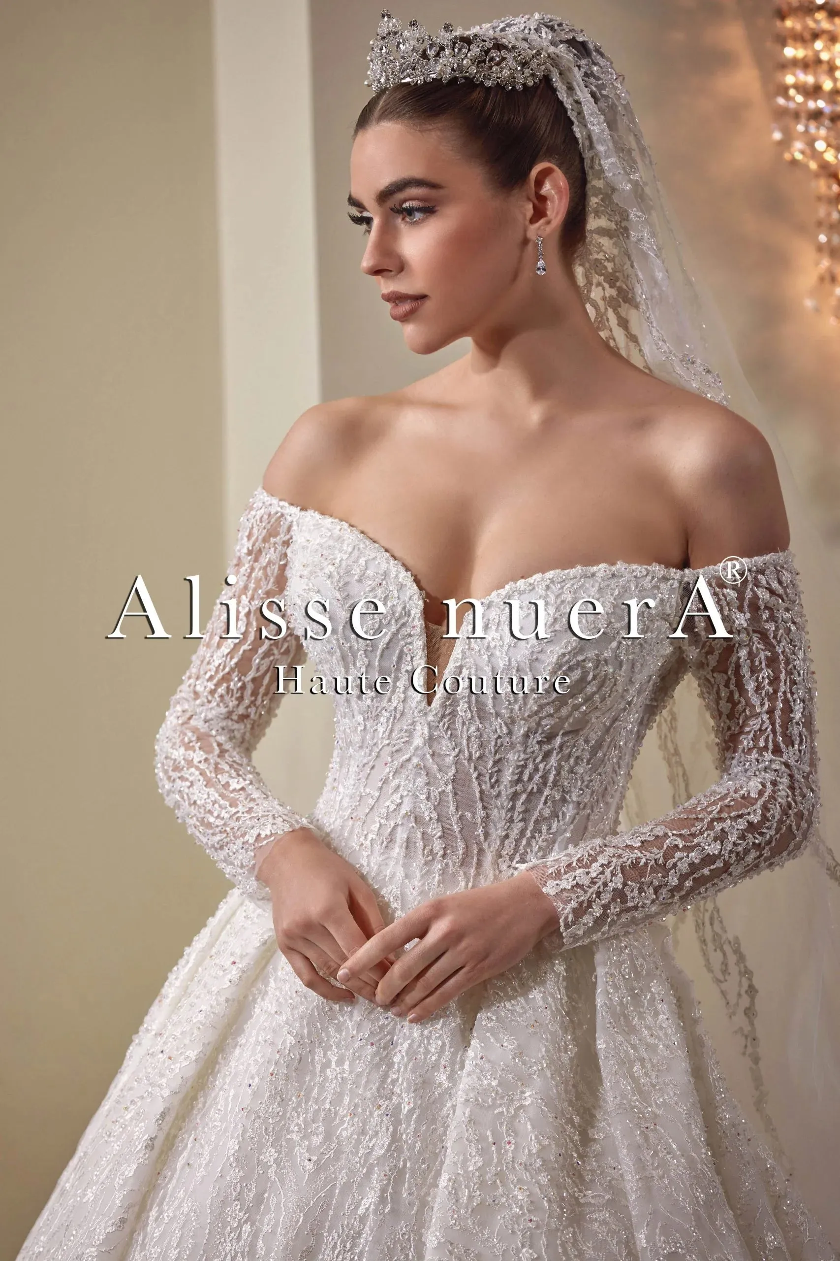 Sequined A Line Wedding Dress with Off Shoulder Long Sleeves