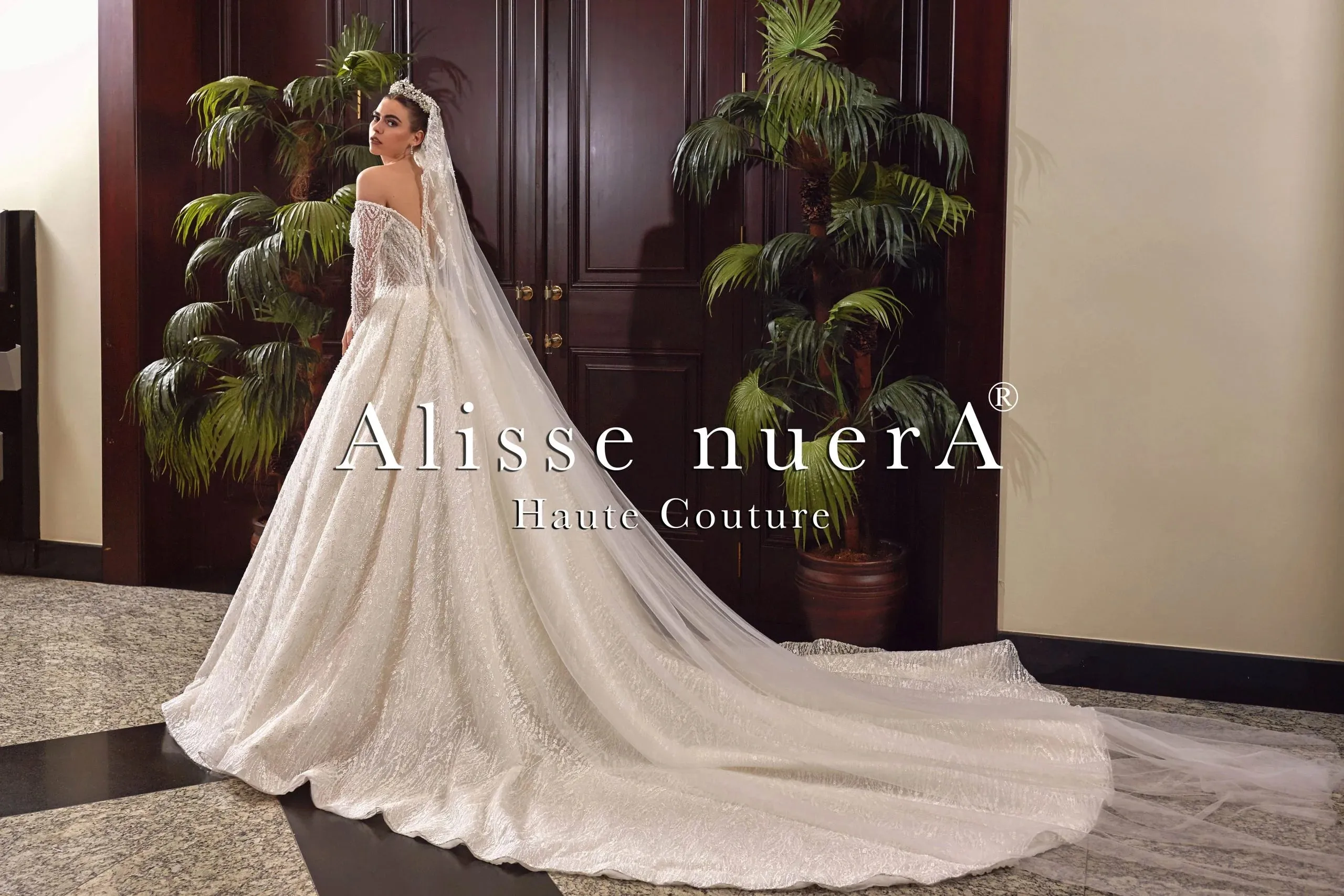 Sequined A Line Wedding Dress with Off Shoulder Long Sleeves