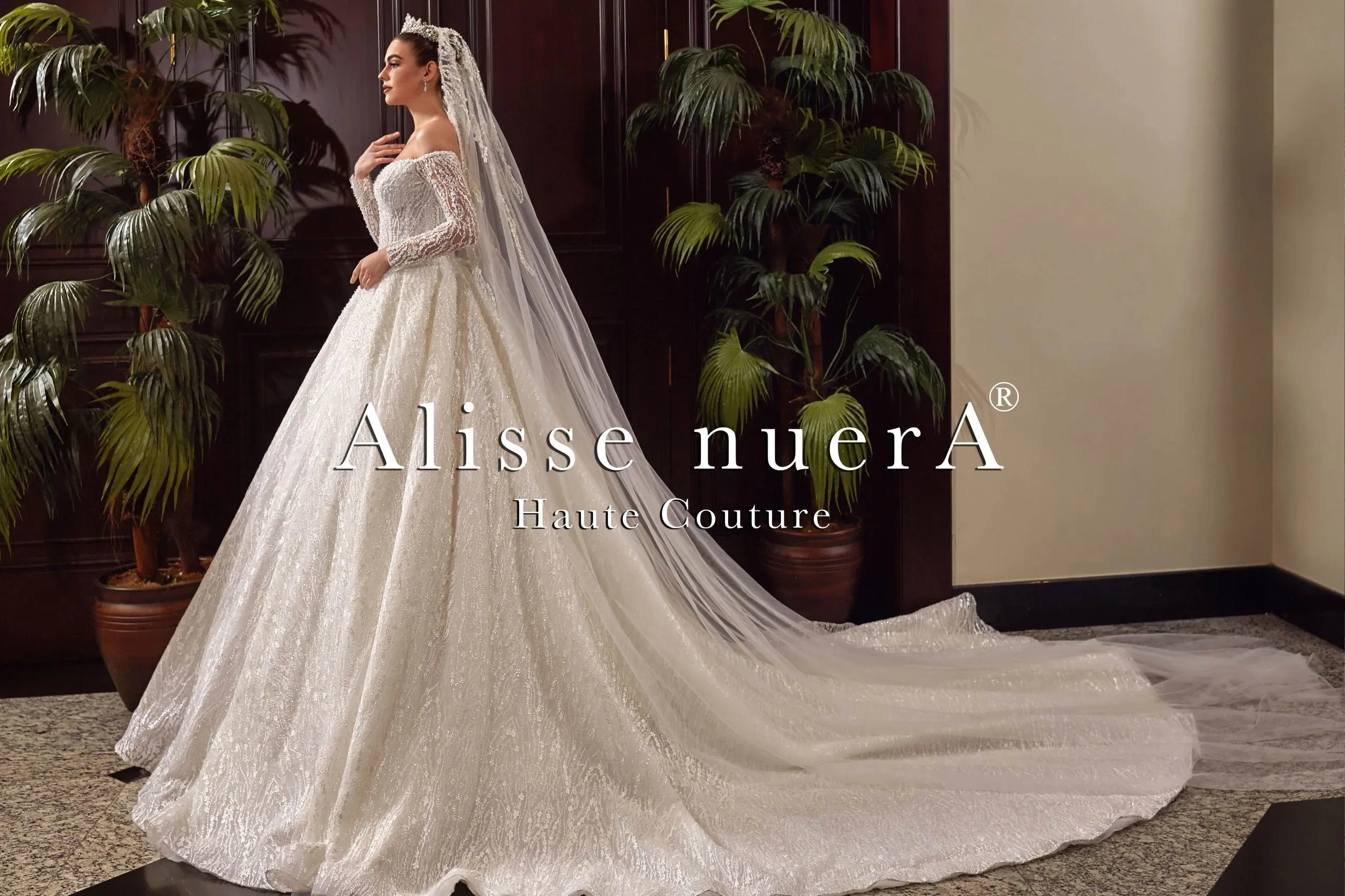 Sequined A Line Wedding Dress with Off Shoulder Long Sleeves