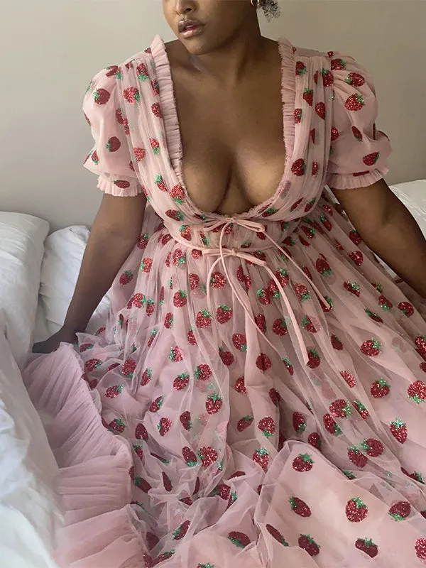 Sequined Strawberry Mesh Pleated Maxi Dress