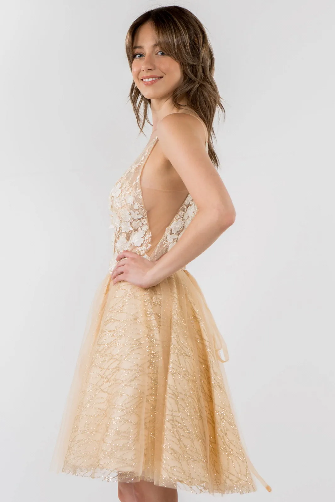 Sheer Bodice V-Neck Glitter Mesh Homecoming Dress GLGS1979
