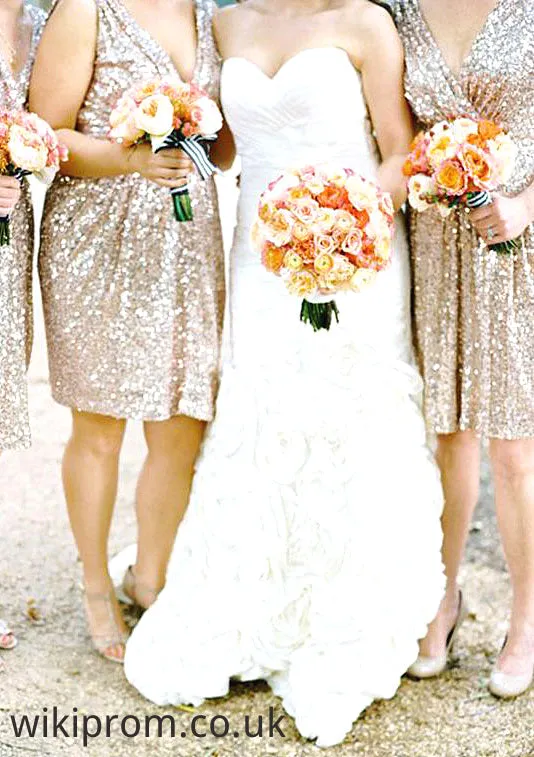 Sleeveless V Neck Knee-Length A-line/Princess Sequined Bridesmaid Dresses Regan SWKP0025527