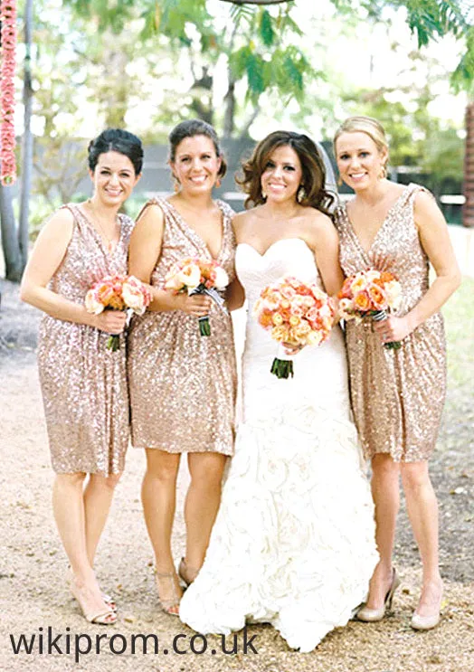 Sleeveless V Neck Knee-Length A-line/Princess Sequined Bridesmaid Dresses Regan SWKP0025527