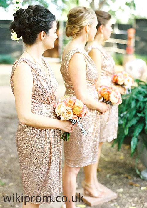 Sleeveless V Neck Knee-Length A-line/Princess Sequined Bridesmaid Dresses Regan SWKP0025527