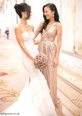 Sleeveless V Neck Long/Floor-Length A-line/Princess Sequined Bridesmaid Dresses With Pleated Philippa SWKP0025341