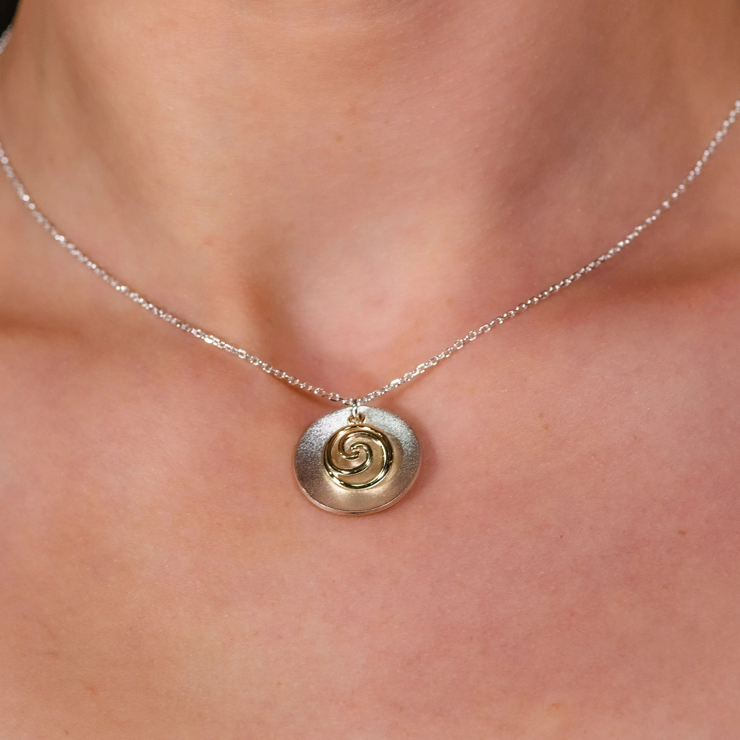 Spiral 9K Gold Charm & Brushed Sterling Silver Disc Pendant